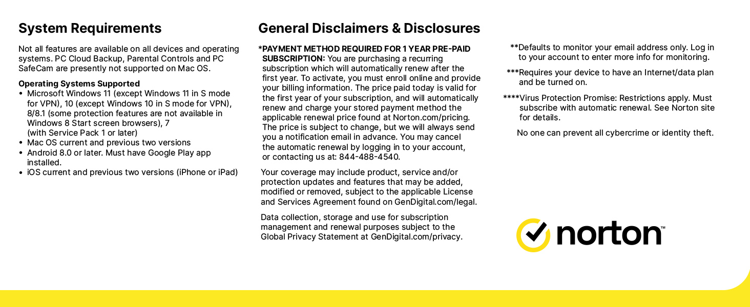 General Disclaimers Norton 360 Antivirus