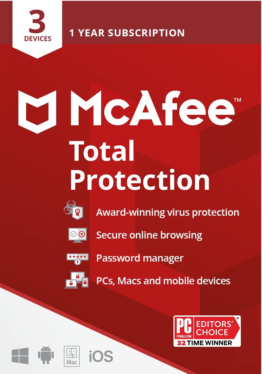 McAfee Total Protection 2024, Antivirus Internet Security Software for 3 Devices, 1 Year Subscription